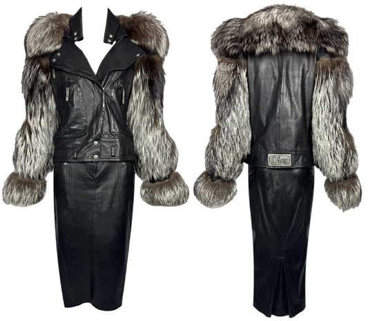 2003 & 2004 Christian Dior x John Galliano Black Leather Biker Jacket Metal Logo Plate & Hardcore Buckle Pencil Skirt Set