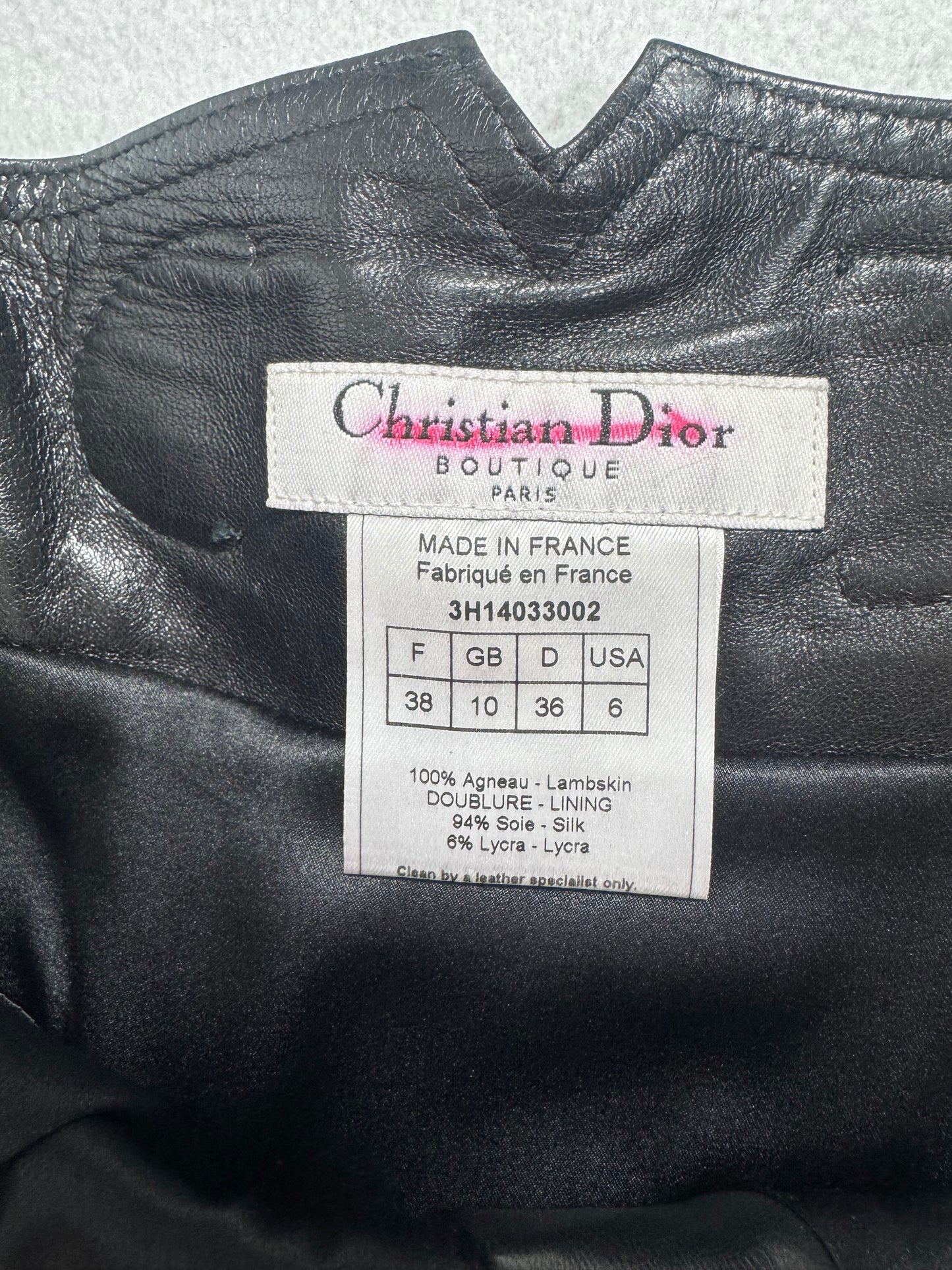 2003 & 2004 Christian Dior x John Galliano Fox Fur Black Leather Biker Jacket Metal Logo Plate & Hardcore Buckle Pencil Skirt Set