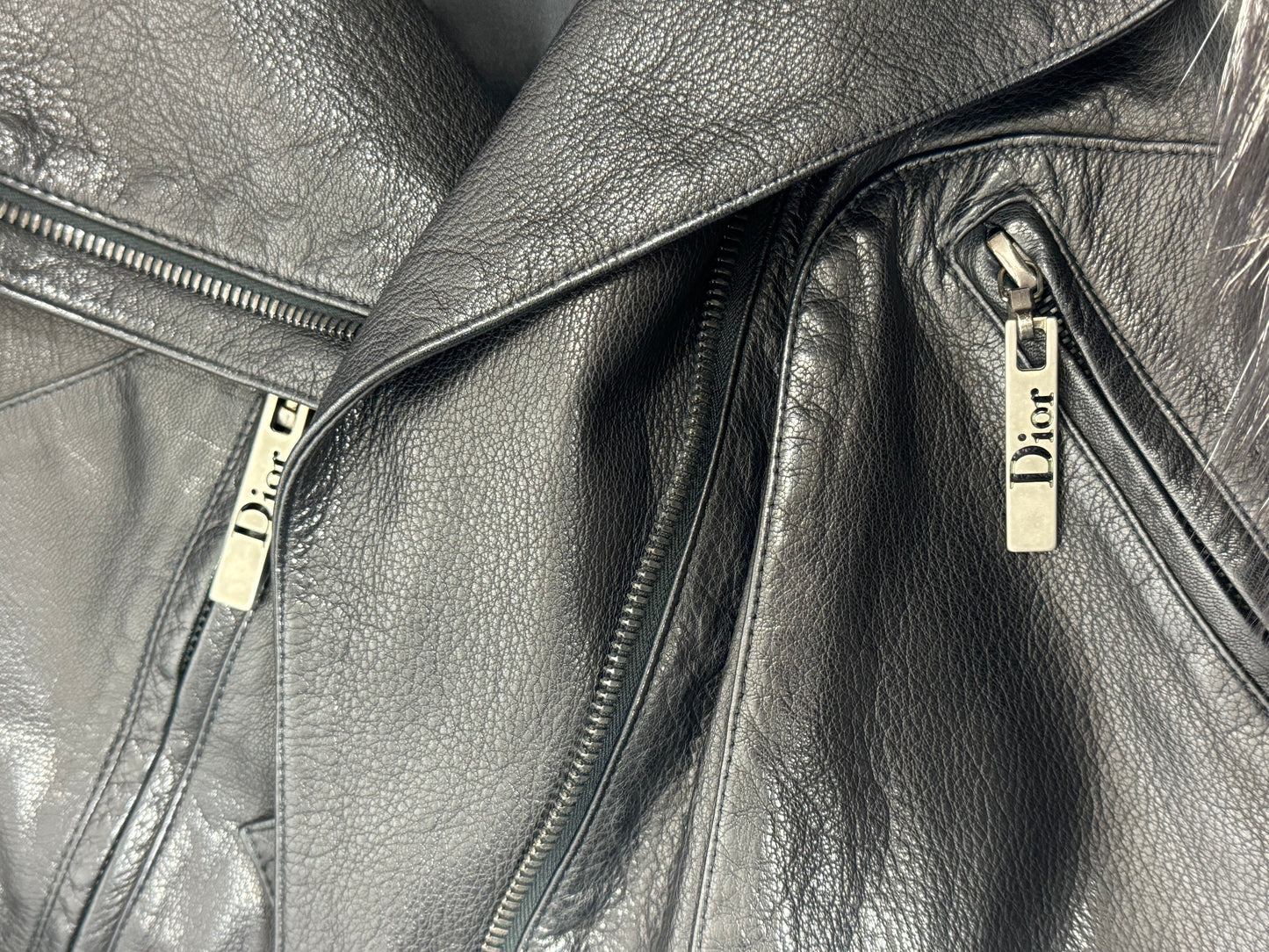 2003 & 2004 Christian Dior x John Galliano Fox Fur Black Leather Biker Jacket Metal Logo Plate & Hardcore Buckle Pencil Skirt Set