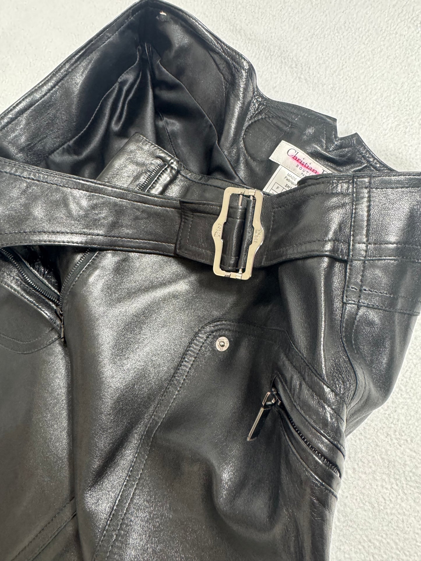 2003 & 2004 Christian Dior x John Galliano Fox Fur Black Leather Biker Jacket Metal Logo Plate & Hardcore Buckle Pencil Skirt Set