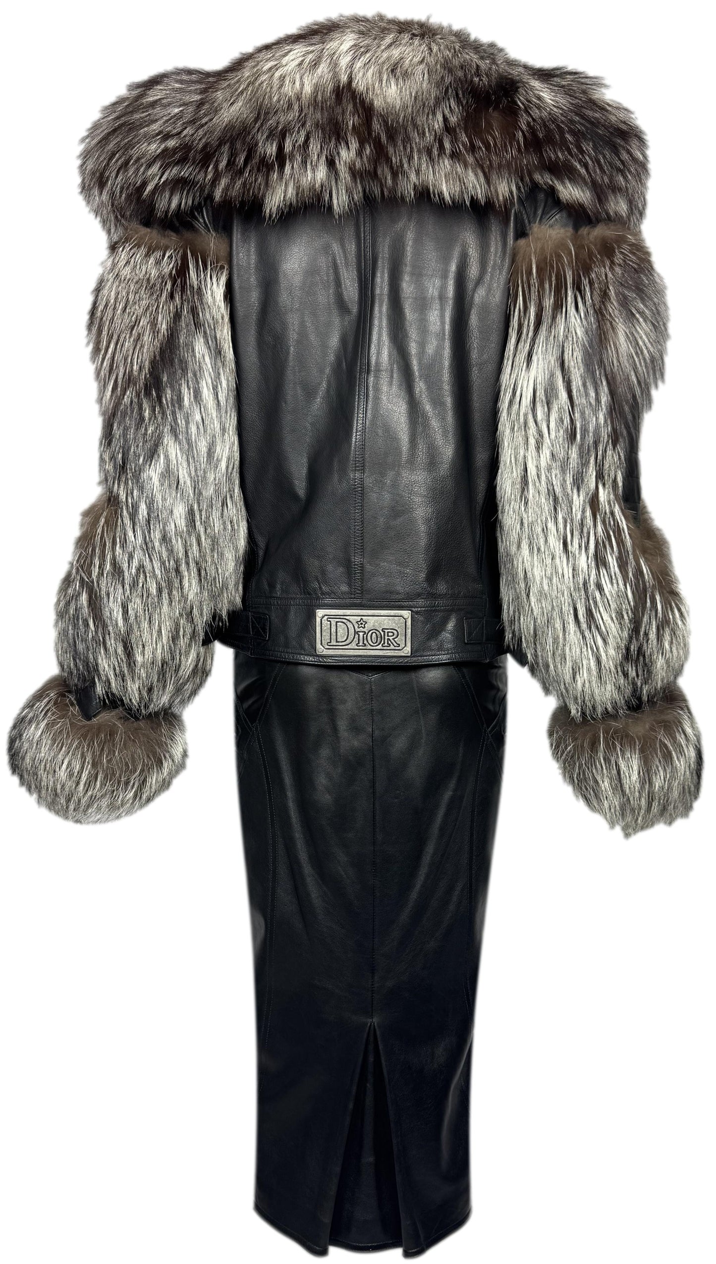 2003 & 2004 Christian Dior x John Galliano Fox Fur Black Leather Biker Jacket Metal Logo Plate & Hardcore Buckle Pencil Skirt Set