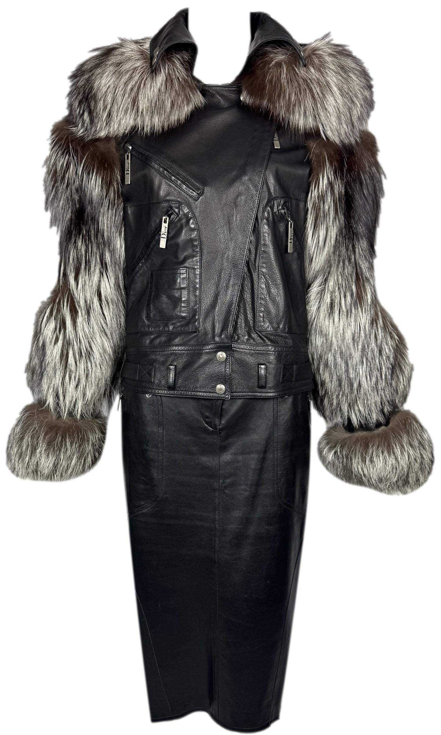 2003 & 2004 Christian Dior x John Galliano Fox Fur Black Leather Biker Jacket Metal Logo Plate & Hardcore Buckle Pencil Skirt Set