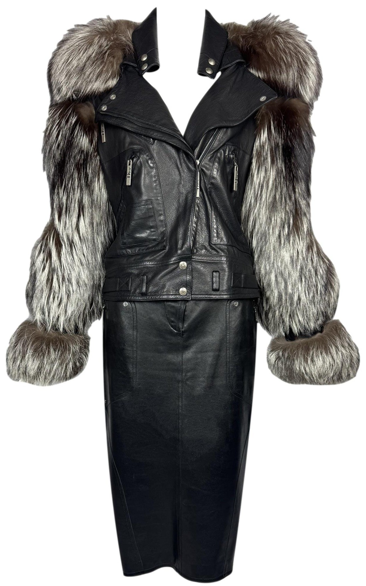 2003 & 2004 Christian Dior x John Galliano Fox Fur Black Leather Biker Jacket Metal Logo Plate & Hardcore Buckle Pencil Skirt Set