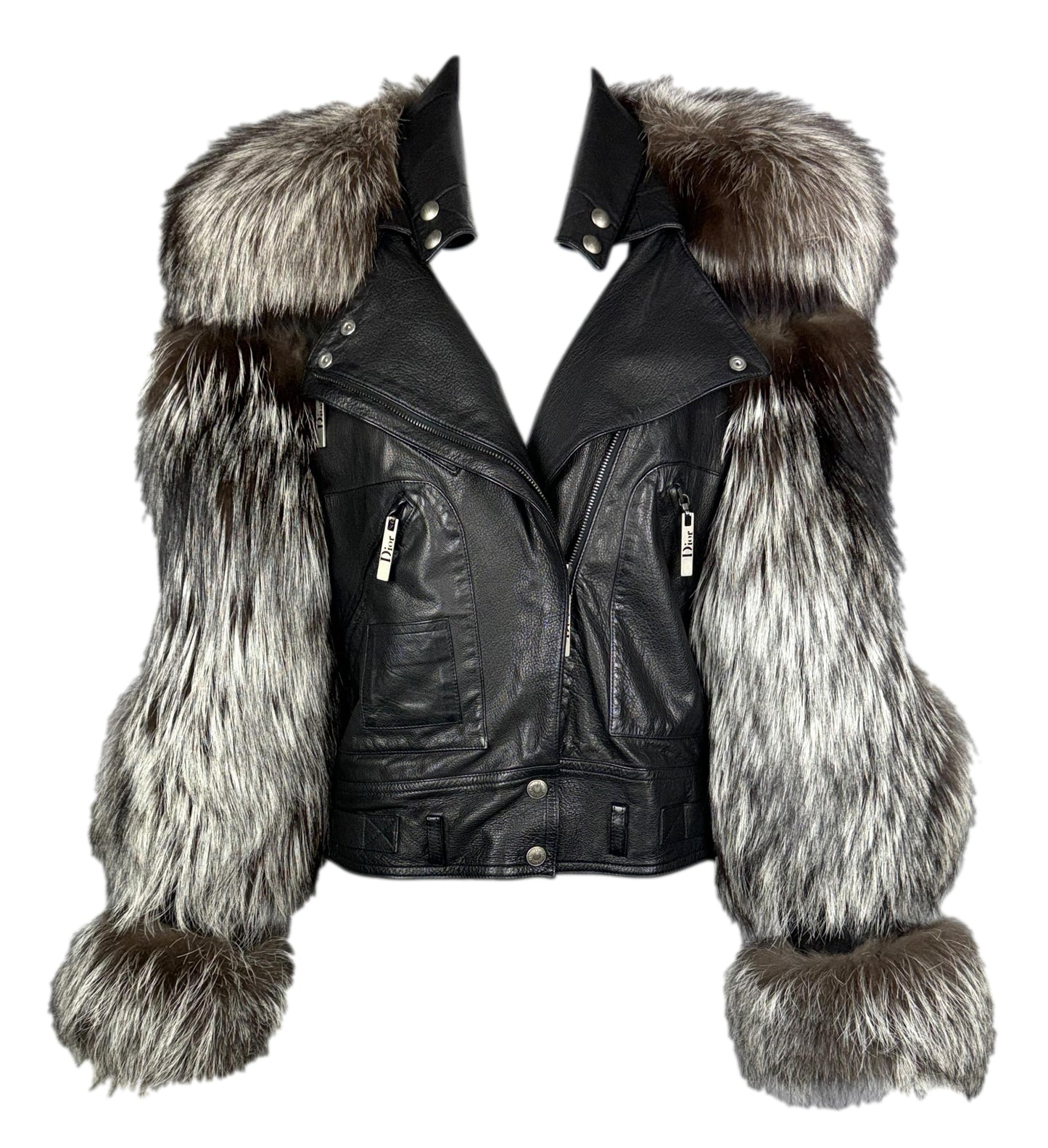 2003 & 2004 Christian Dior x John Galliano Fox Fur Black Leather Biker Jacket Metal Logo Plate & Hardcore Buckle Pencil Skirt Set
