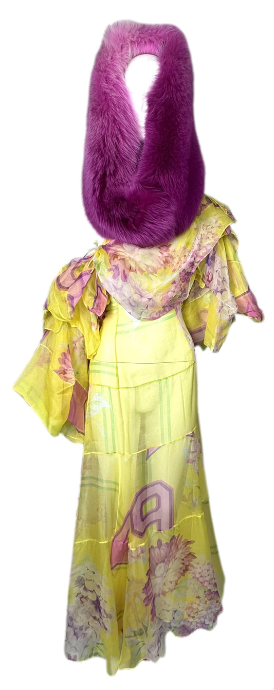 F/W 2003 Christian Dior by John Galliano Runway Sheer Yellow Star Dress & Hot Pink Fox Fur Stole