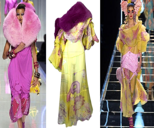 F/W 2003 Christian Dior by John Galliano Runway Sheer Yellow Star Dress & Hot Pink Fox Fur Stole