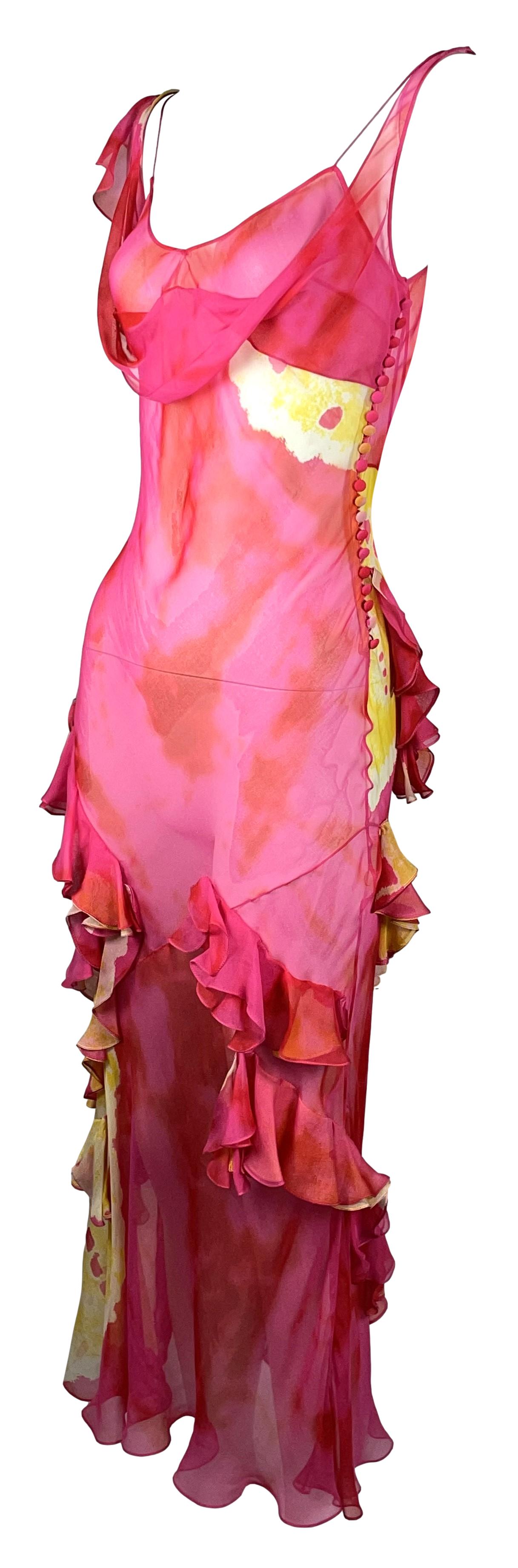 F/W 2003 Christian Dior by John Galliano Sheer Hot Pink & Yellow Silk Ruffle Maxi Dress