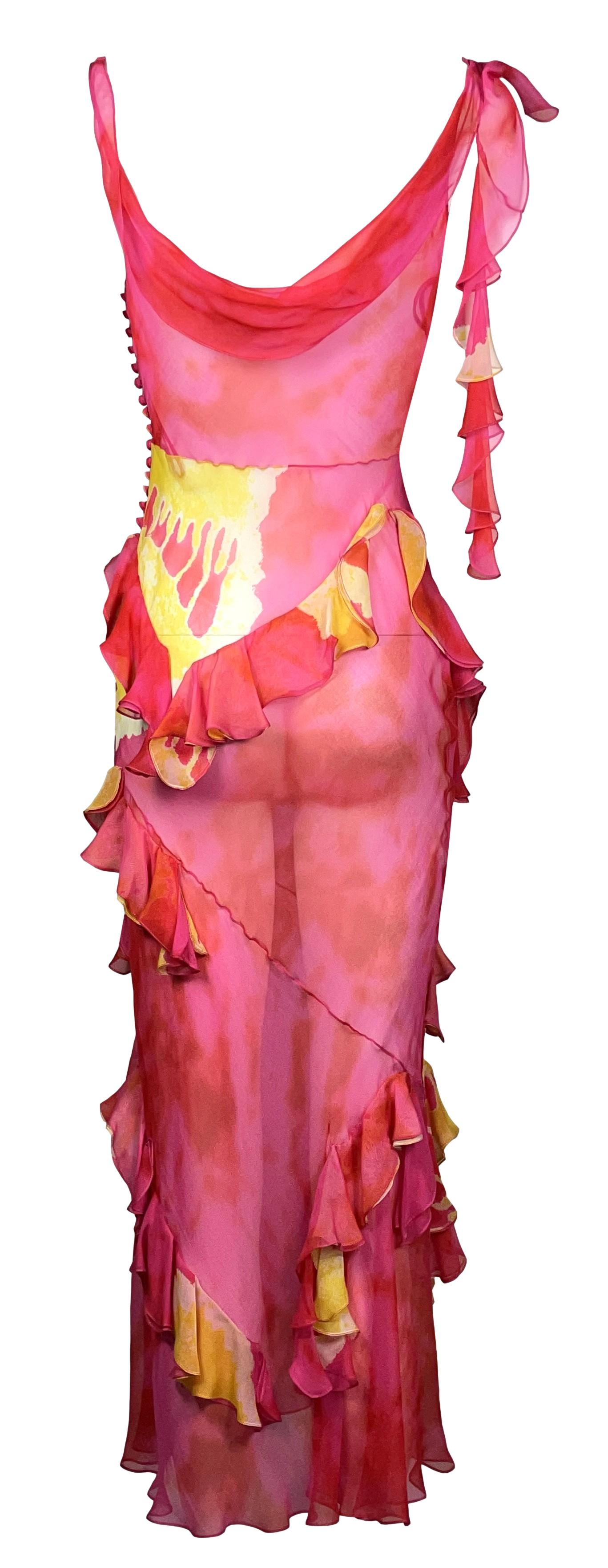 F/W 2003 Christian Dior by John Galliano Sheer Hot Pink & Yellow Silk Ruffle Maxi Dress