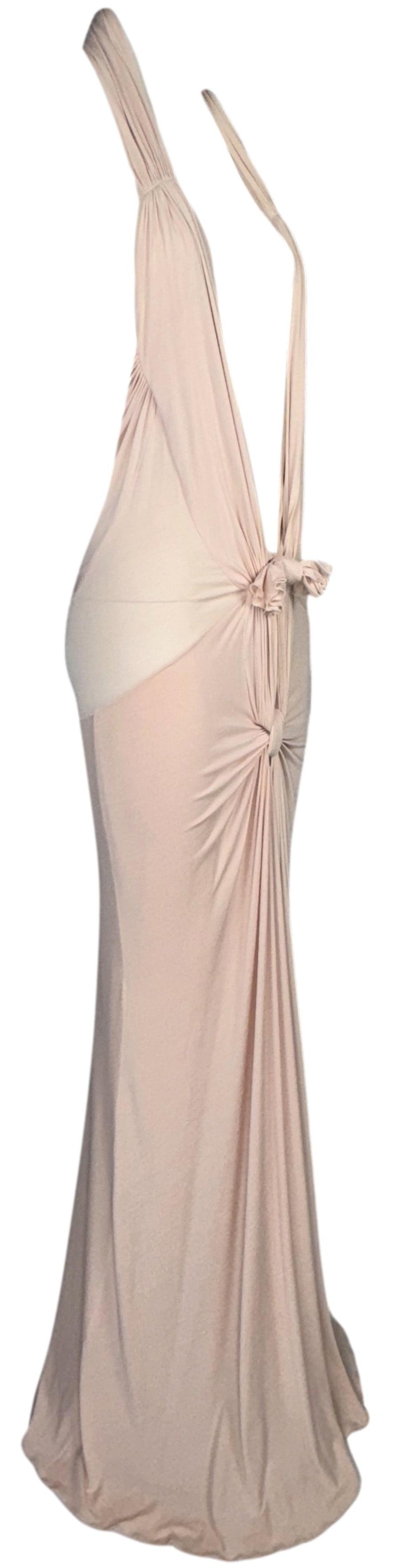S/S 2003 Christian Dior x John Galliano Plunging 1930's Flapper Style Nude Pink Bow Backless Gown Dress