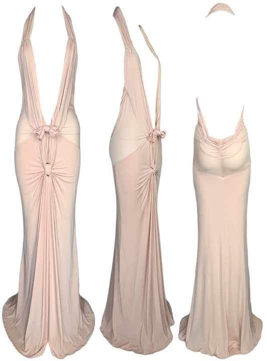 S/S 2003 Christian Dior x John Galliano Plunging 1930's Flapper Style Nude Pink Bow Backless Gown Dress