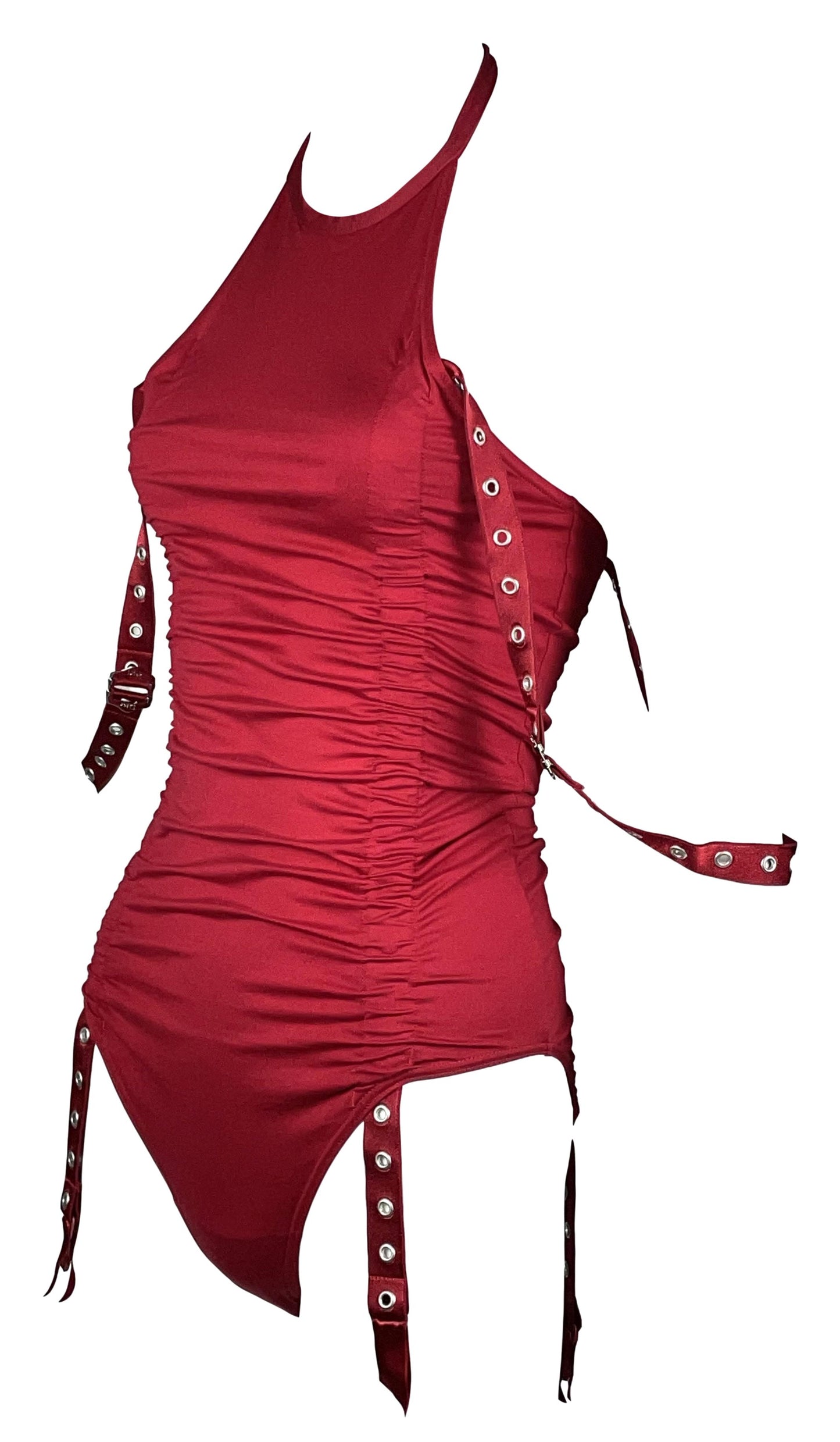 S/S 2003 Christian Dior by John Galliano Hardcore Red Bondage Buckle Straps Bodysuit Top