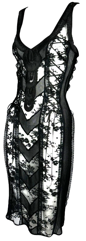 2003 Christian Dior by John Galliano Sheer Black Lace Corset Lace Up Dress