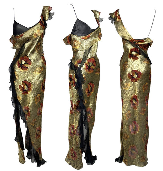 2003 Christian Dior by John Galliano Sheer Black Silk & Gold Floral Ruffle Maxi Dress