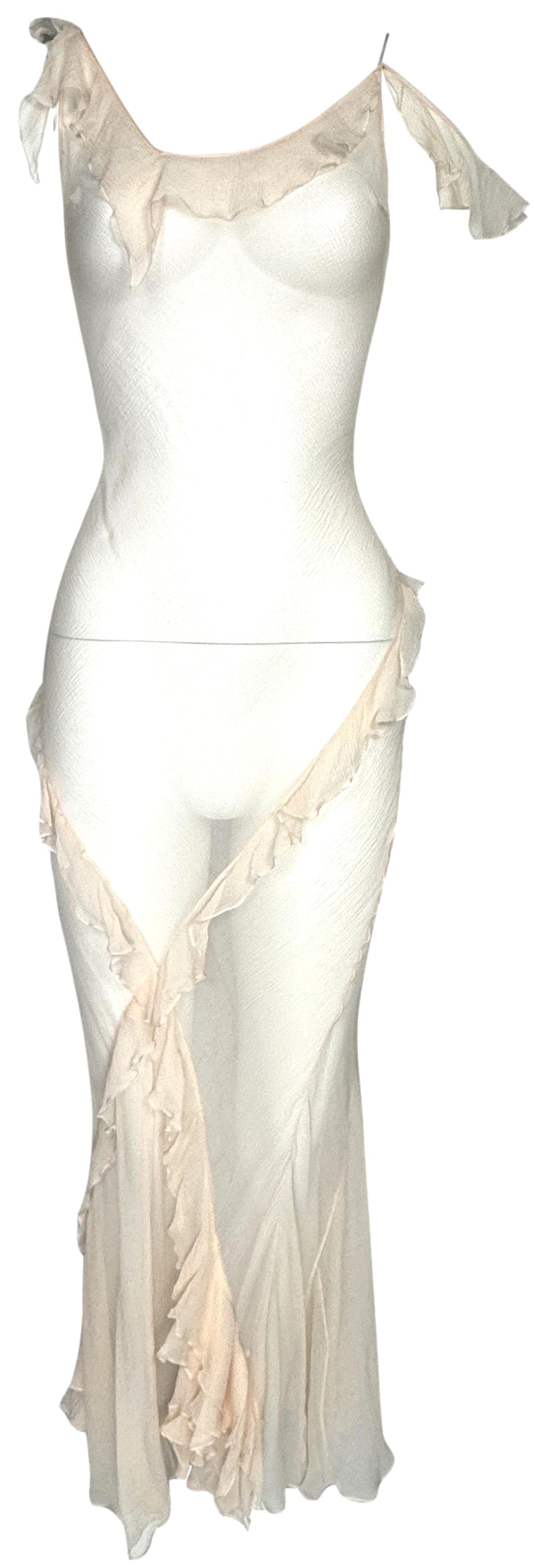 C. 2003 Christian Dior x John Galliano Sheer Nude Silk Plunging Back Ruffle Off Shoulder Maxi Dress