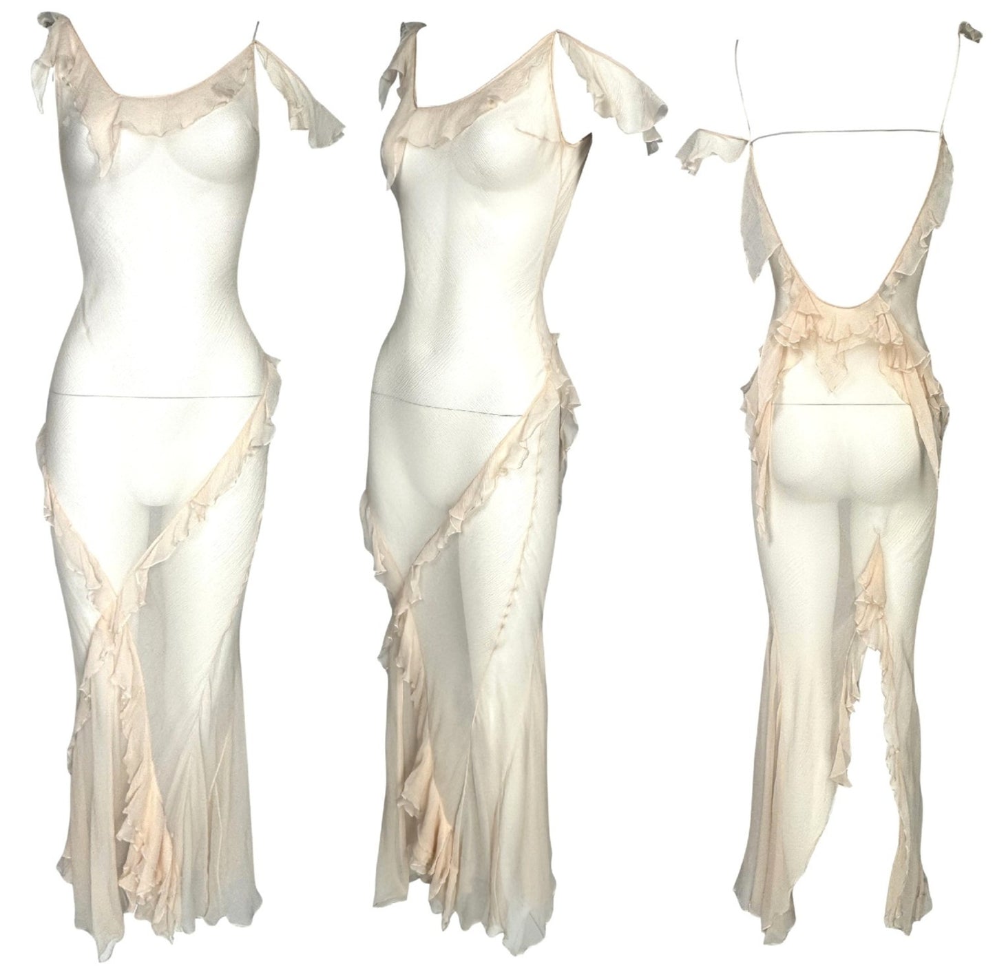C. 2003 Christian Dior x John Galliano Sheer Nude Silk Plunging Back Ruffle Off Shoulder Maxi Dress