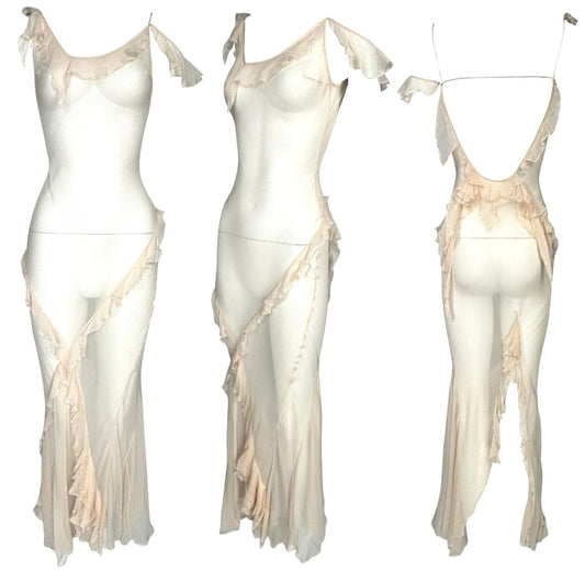 C. 2003 Christian Dior x John Galliano Sheer Nude Silk Plunging Back Ruffle Off Shoulder Maxi Dress