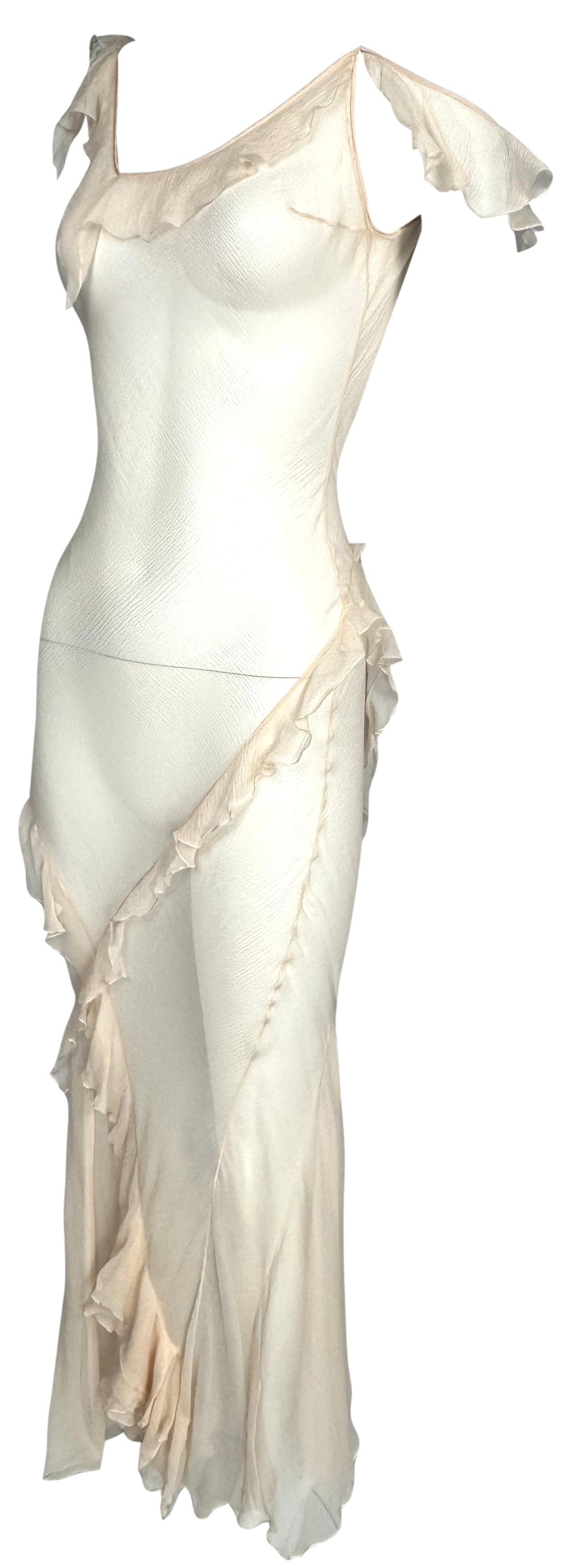 C. 2003 Christian Dior x John Galliano Sheer Nude Silk Plunging Back Ruffle Off Shoulder Maxi Dress