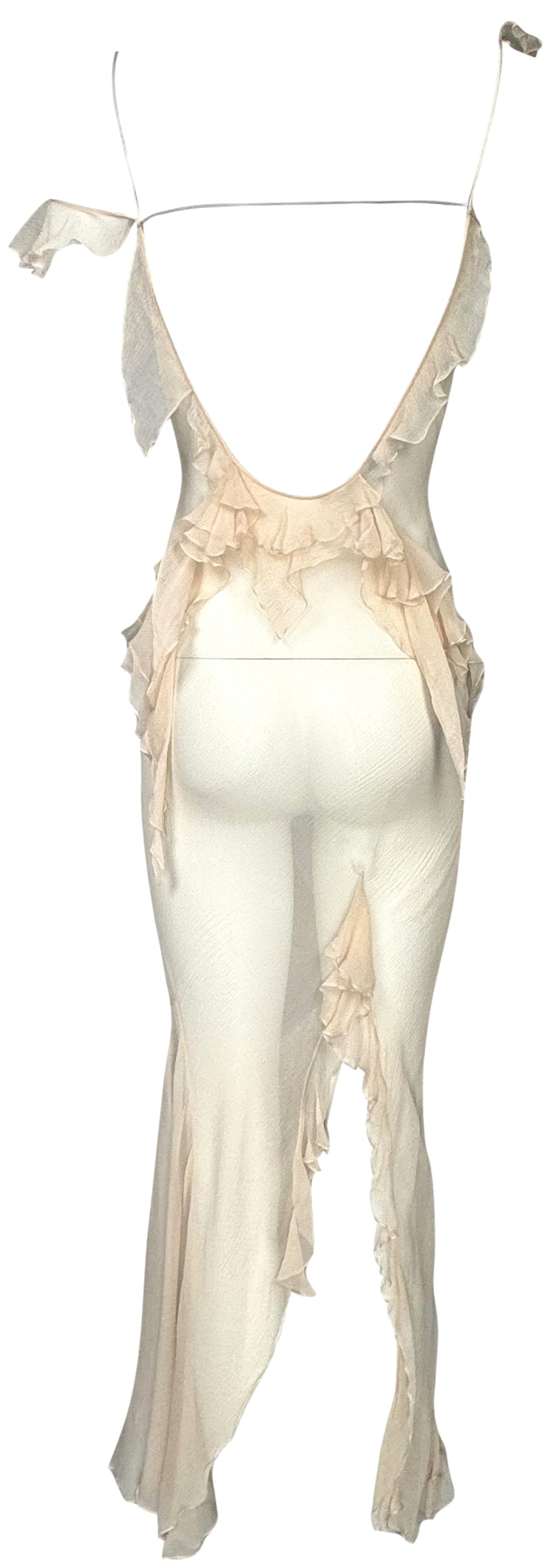 C. 2003 Christian Dior x John Galliano Sheer Nude Silk Plunging Back Ruffle Off Shoulder Maxi Dress
