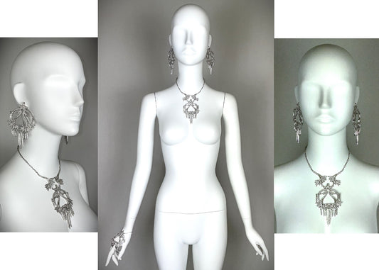 C. 2003 Christian Dior by John Galliano Chinoiserie Asian Inspired Large Silver Crystal Earrings Necklace & Bracelet