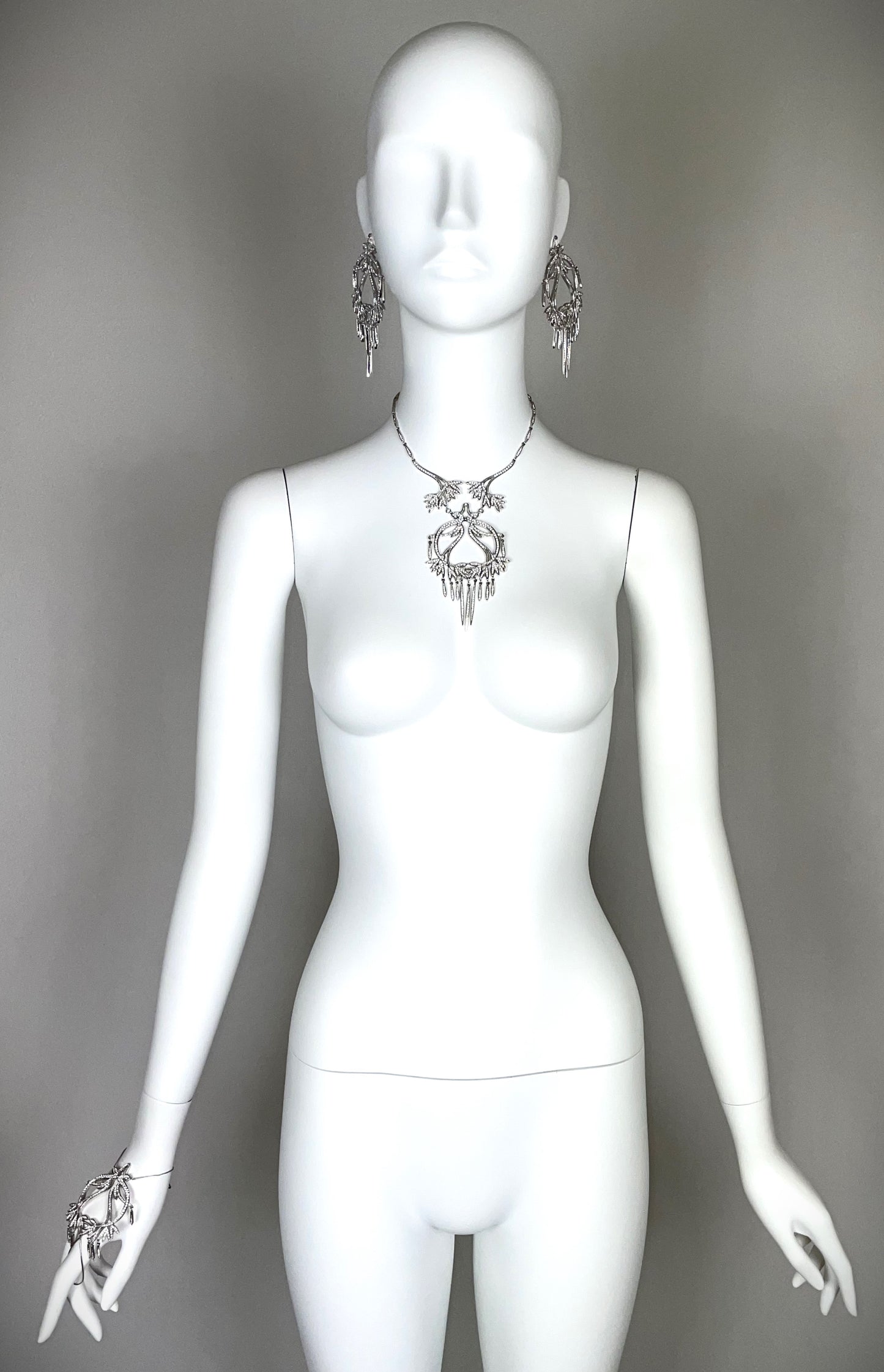 C. 2003 Christian Dior x John Galliano Chinoiserie Asian Inspired Large Silver Crystal Earrings Necklace & Bracelet