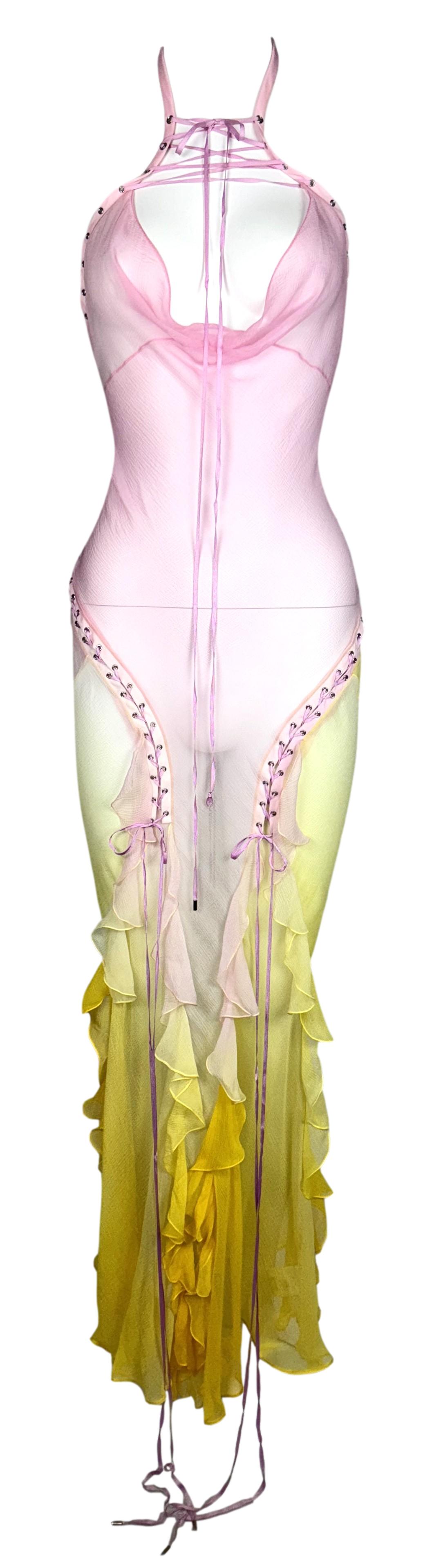 S/S 2004 Christian Dior by John Galliano Sheer Pink & Yellow Silk Hardcore Corset Maxi Dress