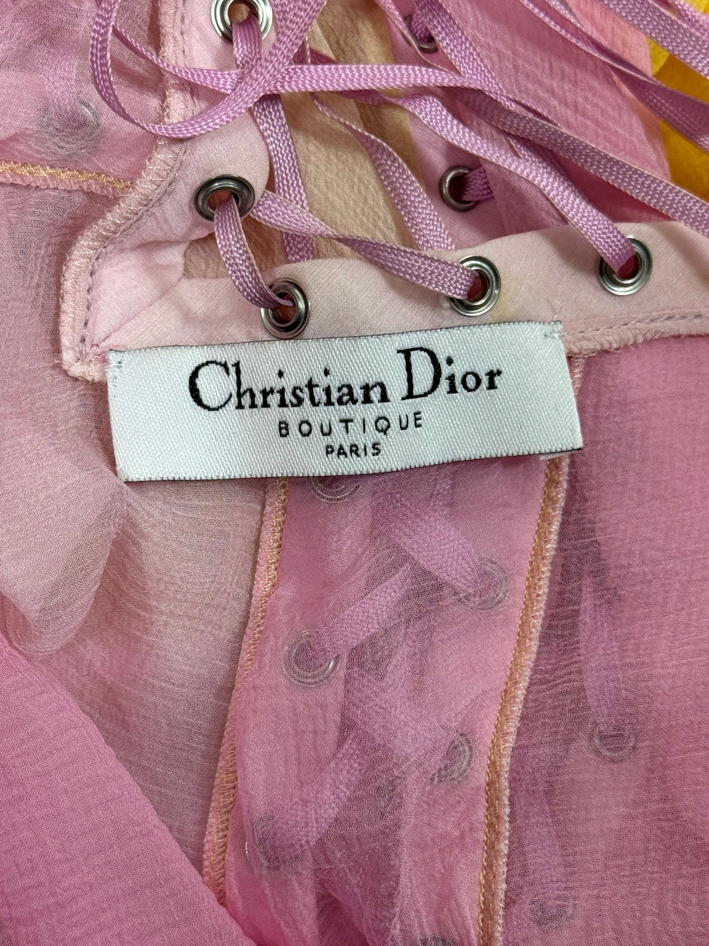 S/S 2004 Christian Dior by John Galliano Sheer Pink & Yellow Silk Hardcore Corset Maxi Dress