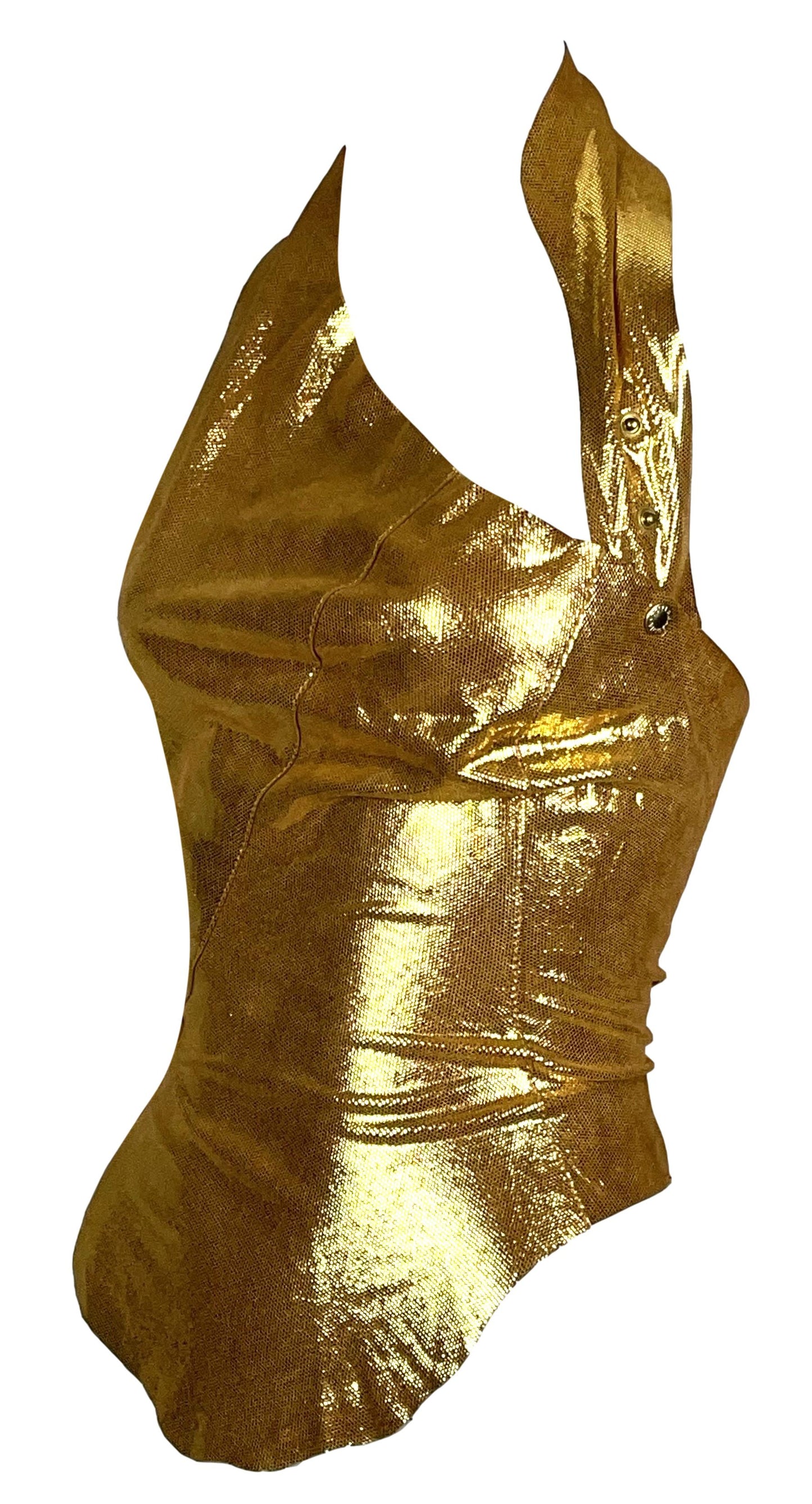 F/W 2002 Dolce & Gabbana Gold Leather Bodycon Halter Corset Top 38