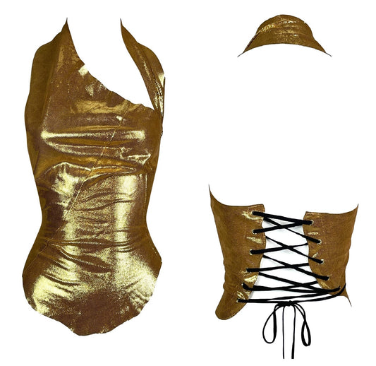 F/W 2002 Dolce & Gabbana Gold Leather Bodycon Halter Corset Top 38