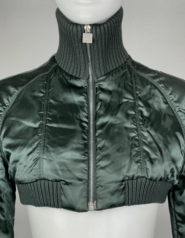 F/W 2003 Chanel by Karl Lagerfeld Runway Cropped Green Puffer Bomber Jacket Coat