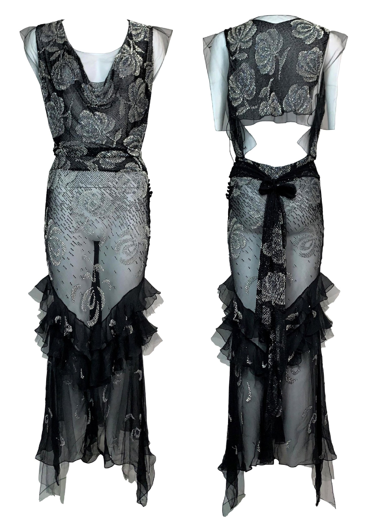 F/W 2003 Christian Dior by John Galliano 20's Style Sheer Beaded Black Mesh Dress
