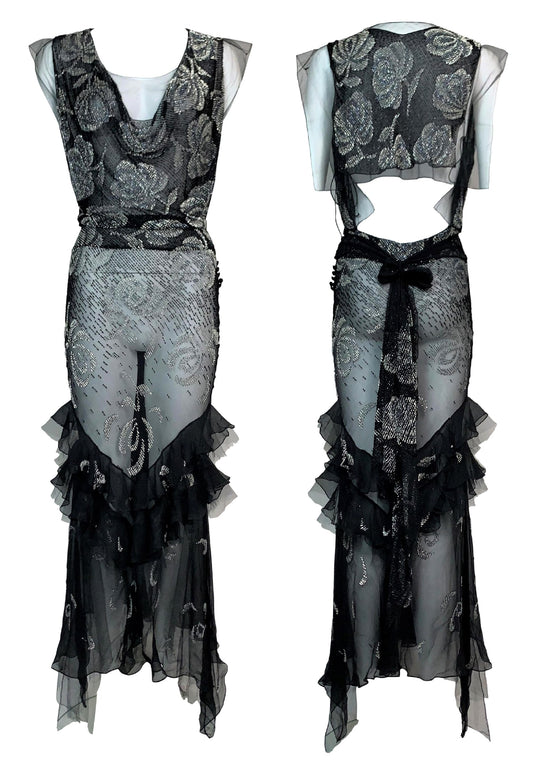 F/W 2003 Christian Dior by John Galliano 20's Style Sheer Beaded Black Mesh Dress