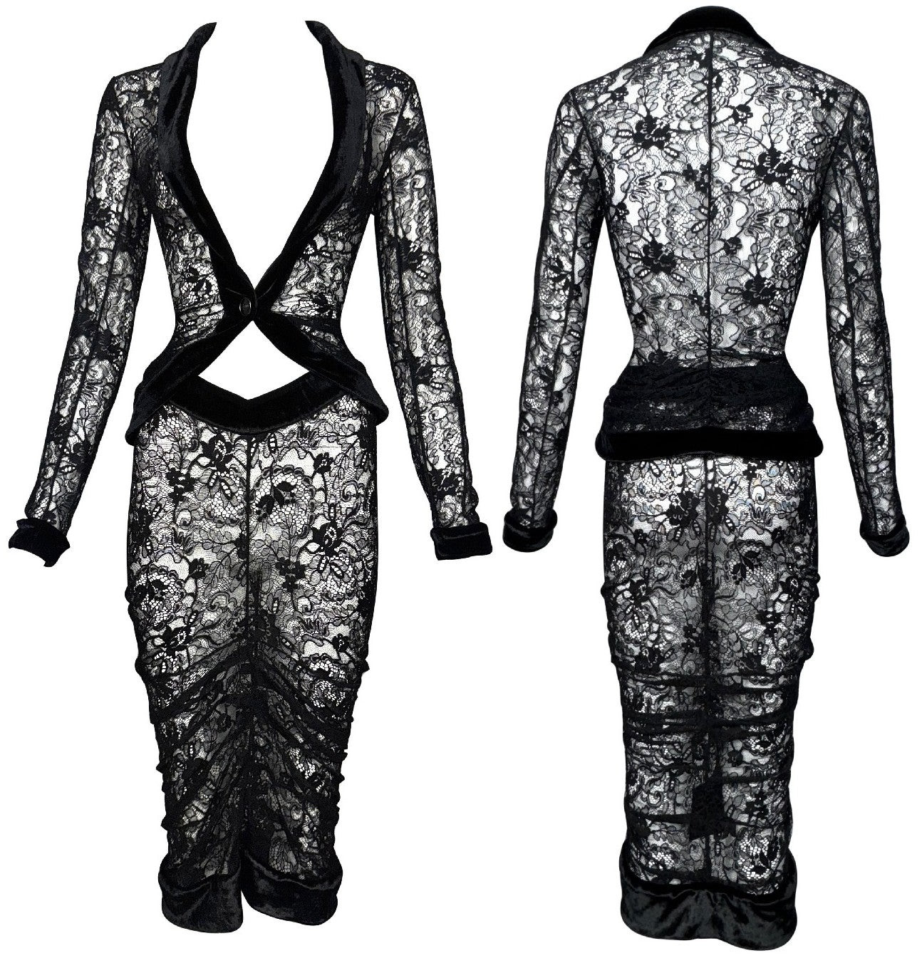 F/W 2003 Christian Dior x John Galliano Sheer Black Lace Pin-Up Plunging Wasp Waist Ruched Wiggle Skirt Set