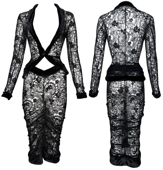 F/W 2003 Christian Dior x John Galliano Sheer Black Lace Pin-Up Plunging Wasp Waist Ruched Wiggle Skirt Set