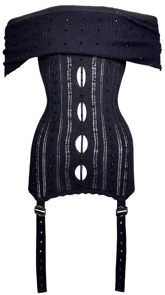 F/W 2003 Christian Dior by John Galliano Sheer Black Knit Cut-Out Off Shoulder Lingerie Garter Straps Tunic Top Mini Dress
