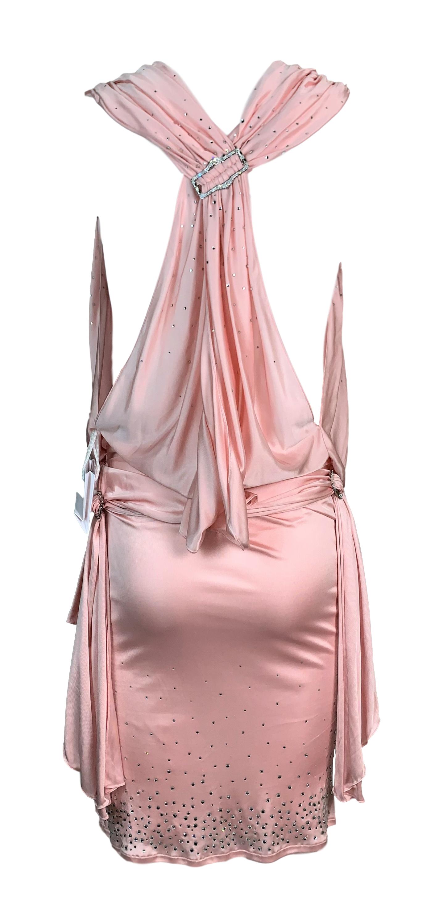 NWT F/W 2003 Christian Dior by John Galliano Runway Pastel Pink Plunging Crystal Mini Dress