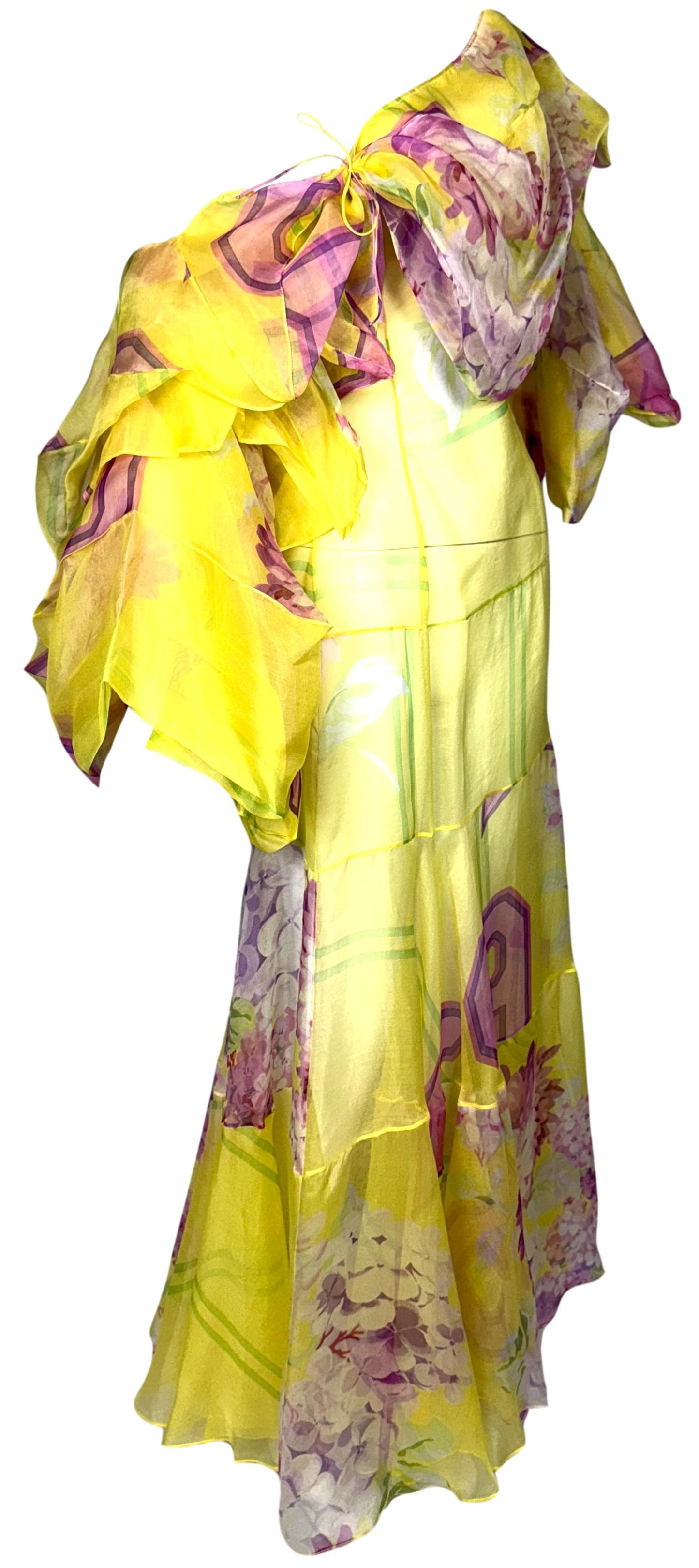 F/W 2003 Christian Dior by John Galliano Runway Harajuku Off Shoulder Sheer Yellow Silk & Pink Maxi Dress