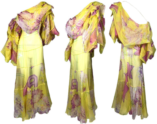 F/W 2003 Christian Dior by John Galliano Runway Harajuku Off Shoulder Sheer Yellow Silk & Pink Maxi Dress