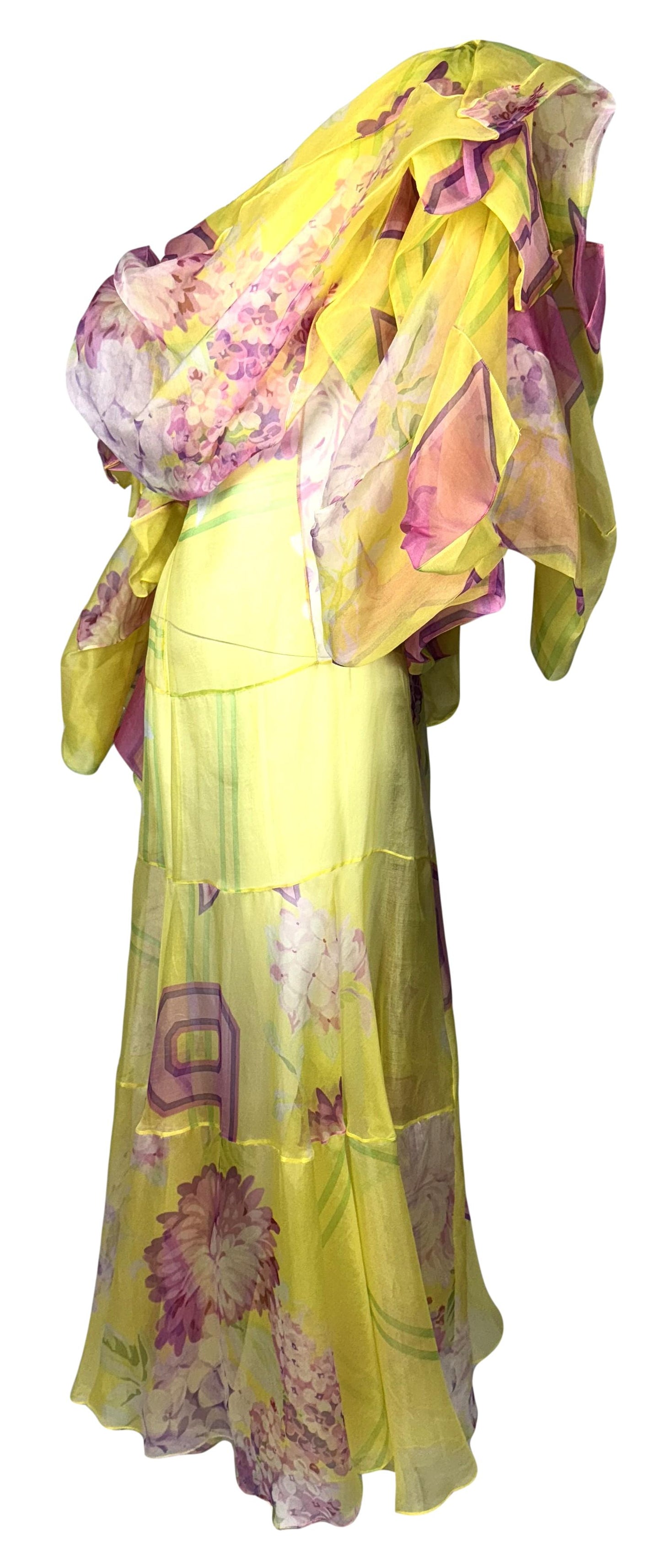 F/W 2003 Christian Dior by John Galliano Runway Harajuku Off Shoulder Sheer Yellow Silk & Pink Maxi Dress