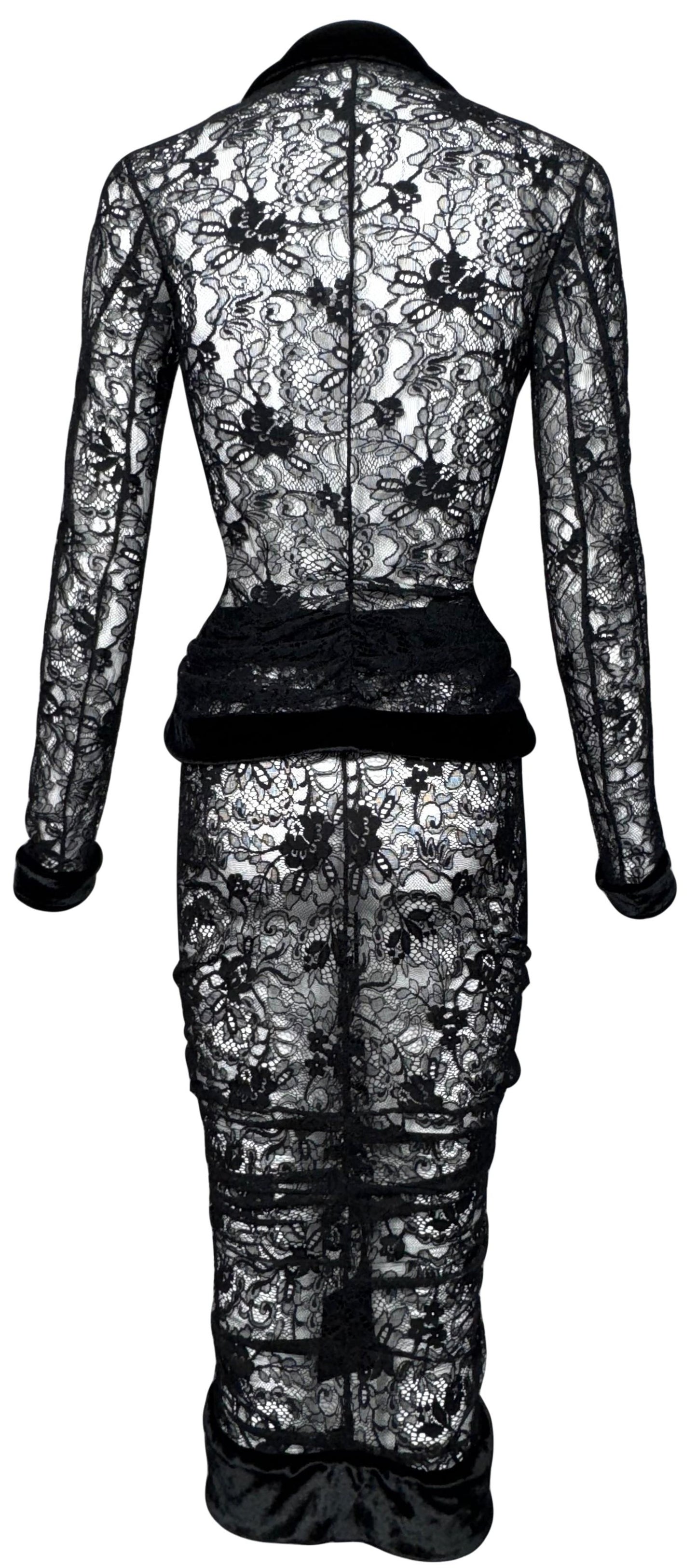 F/W 2003 Christian Dior x John Galliano Sheer Black Lace Pin-Up Plunging Wasp Waist Ruched Wiggle Skirt Set