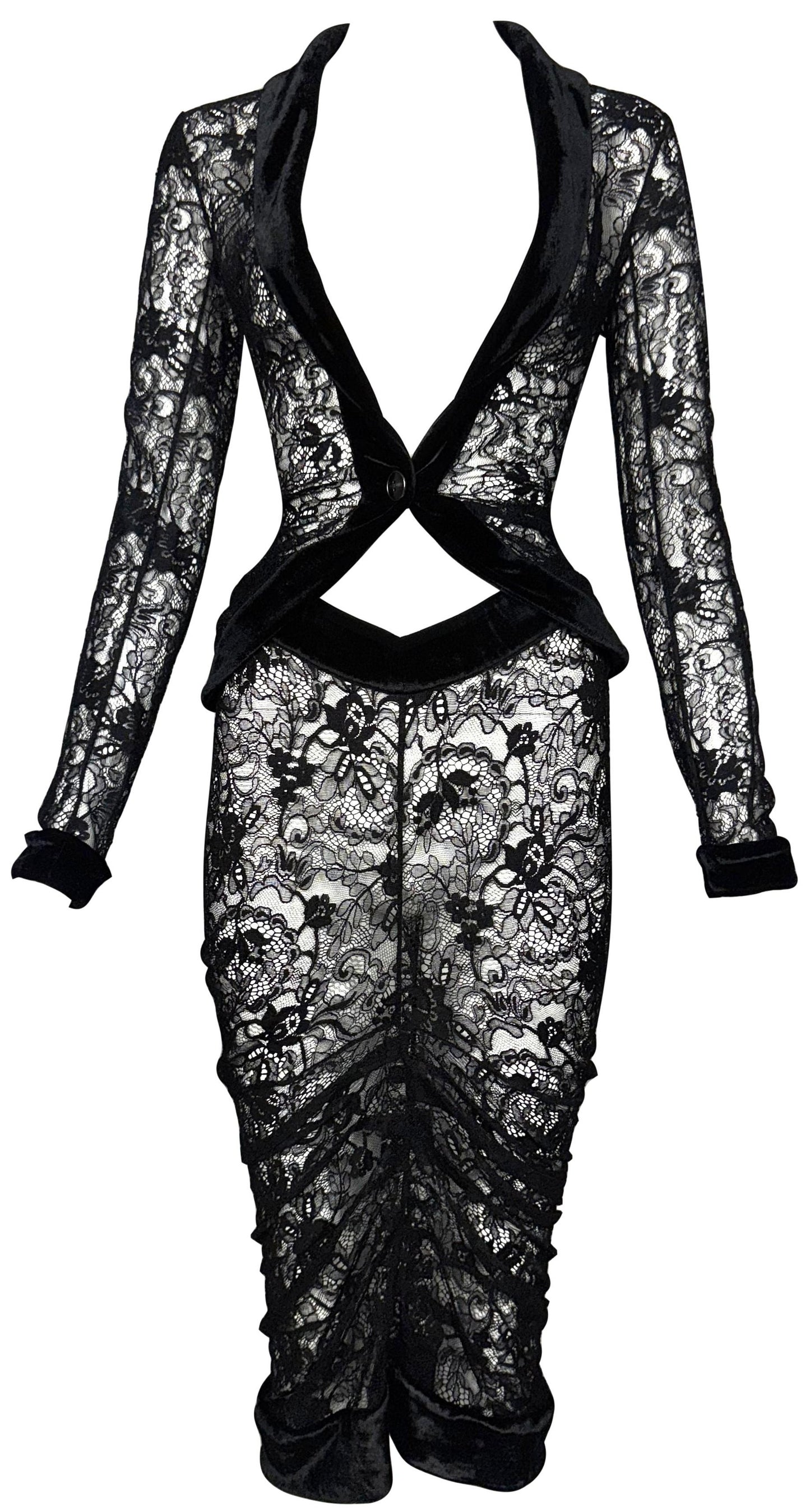 F/W 2003 Christian Dior x John Galliano Sheer Black Lace Pin-Up Plunging Wasp Waist Ruched Wiggle Skirt Set