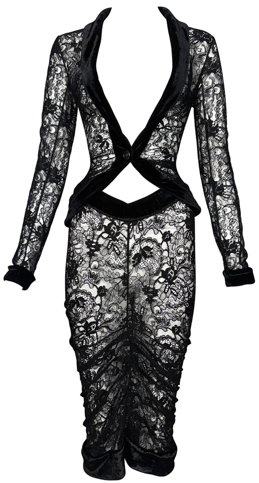 F/W 2003 Christian Dior x John Galliano Sheer Black Lace Pin-Up Plunging Wasp Waist Ruched Wiggle Skirt Set
