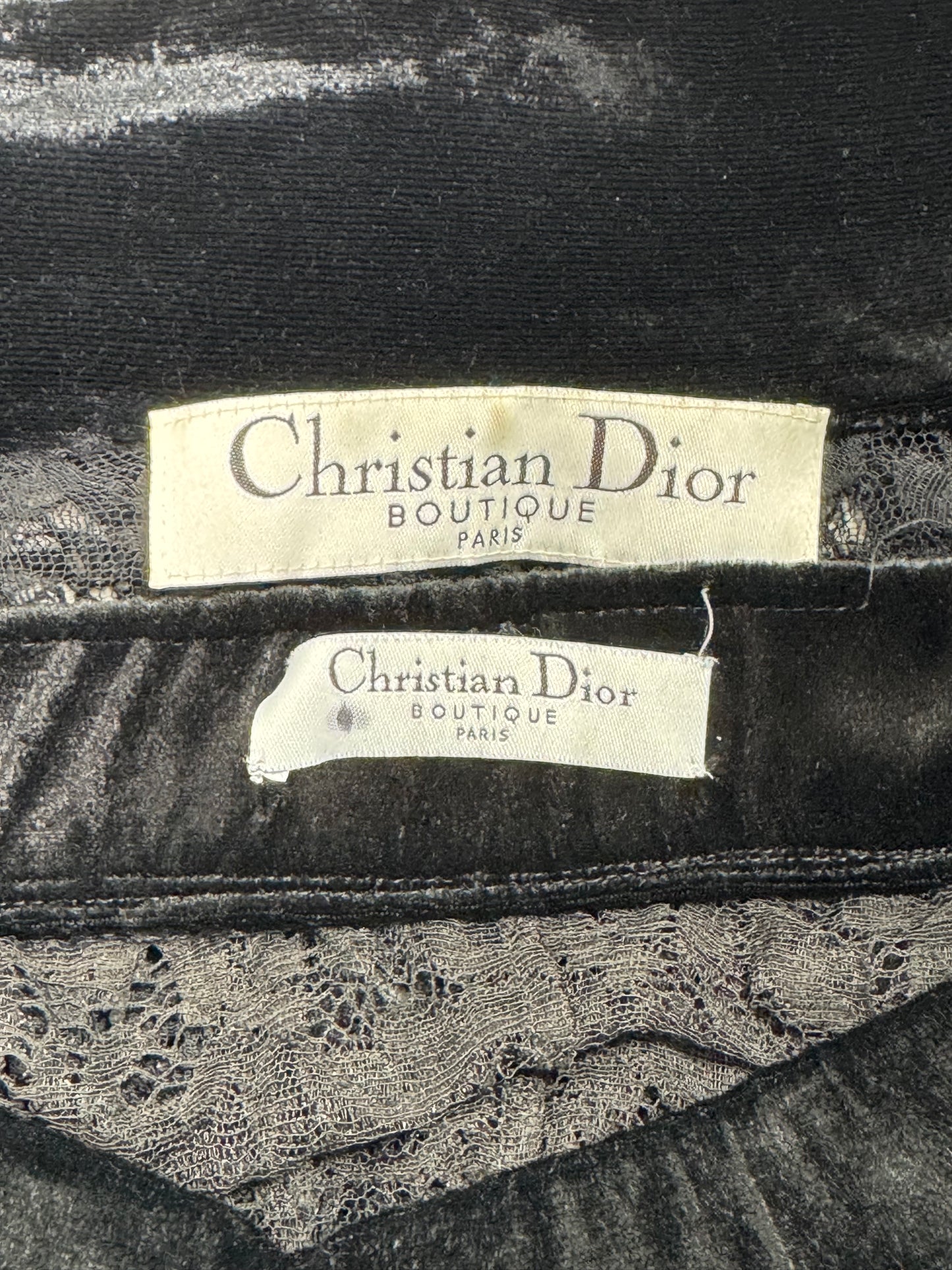 F/W 2003 Christian Dior x John Galliano Sheer Black Lace Pin-Up Plunging Wasp Waist Ruched Wiggle Skirt Set