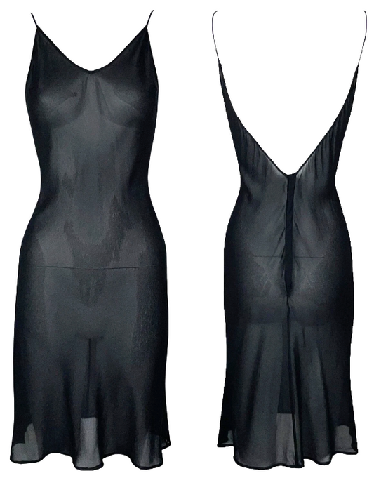 F/W 2003 Christian Dior x John Galliano Classy LBD Sheer Black Silk Slip Mini Dress