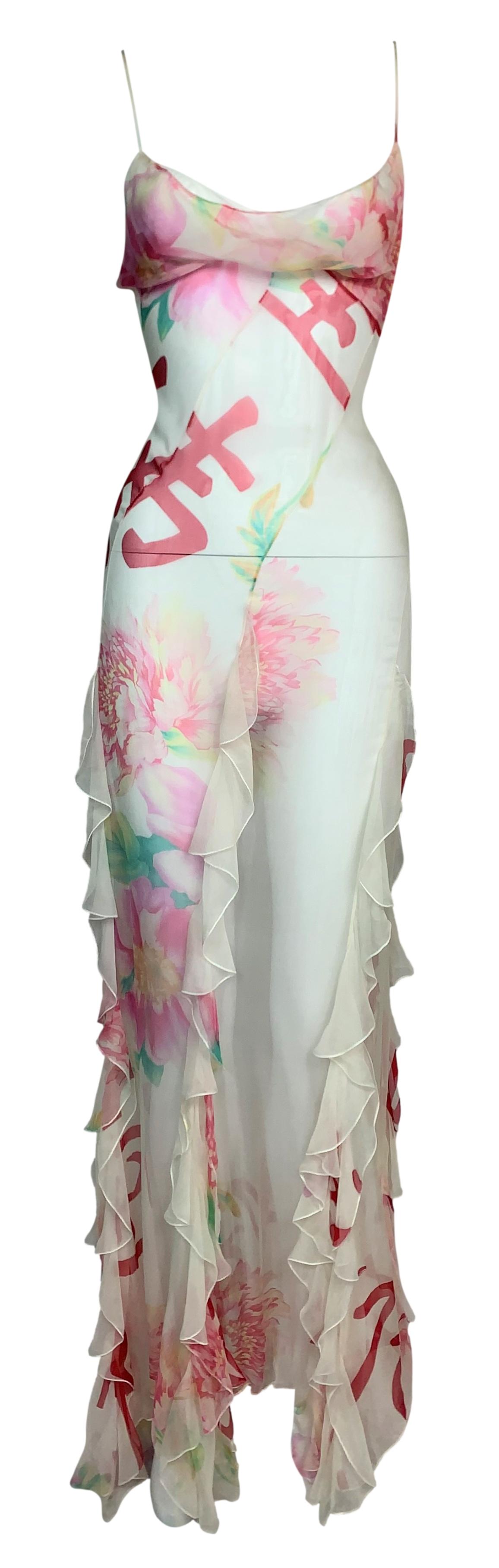 F/W 2003 Christian Dior by John Galliano Sheer Ivory Silk Japanese Print Ruffle Gown Dress
