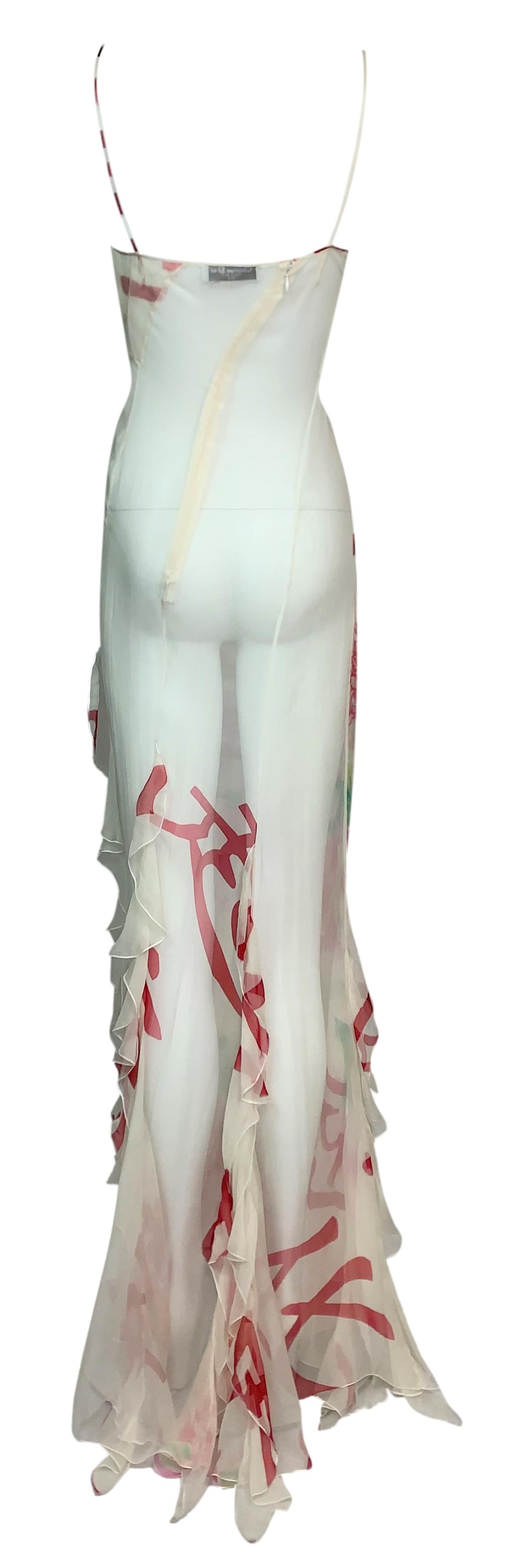 F/W 2003 Christian Dior by John Galliano Sheer Ivory Silk Japanese Print Ruffle Gown Dress