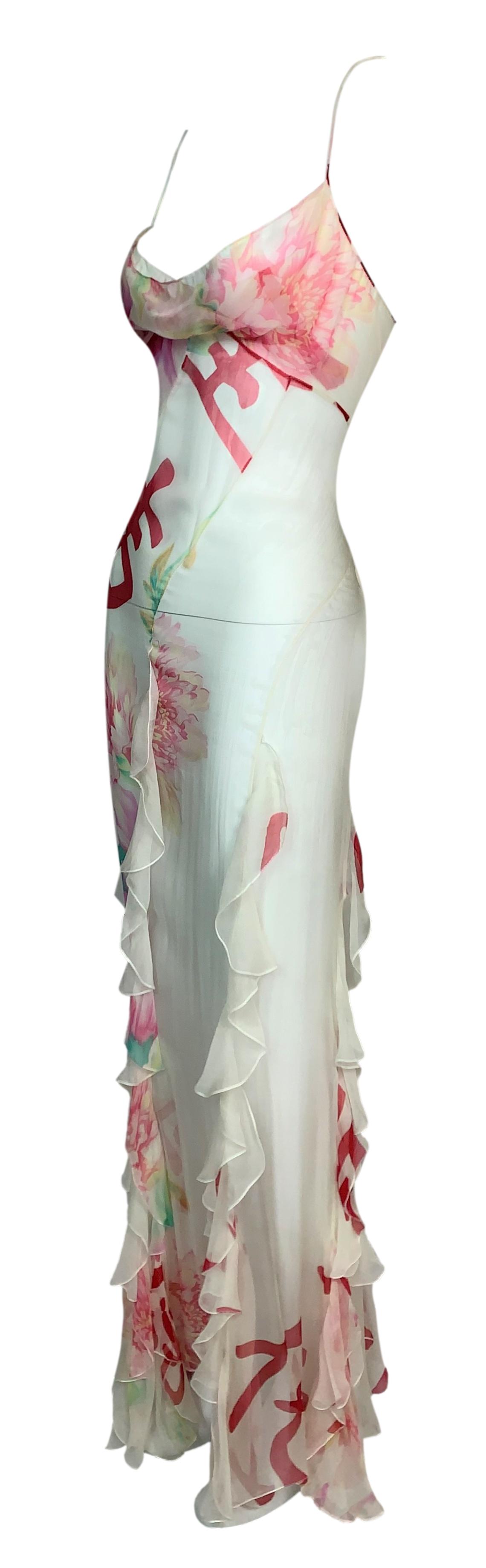 F/W 2003 Christian Dior by John Galliano Sheer Ivory Silk Japanese Print Ruffle Gown Dress