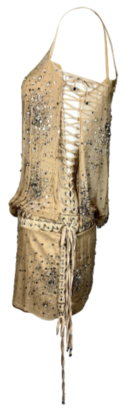 F/W 2003 Dolce & Gabbana Runway Sheer Nude Corset Crystal Embellished Mini Dress