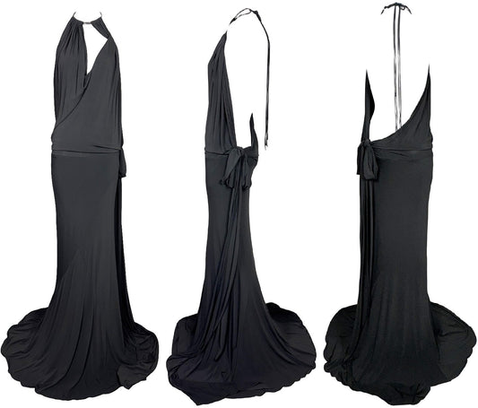 F/W 2003 Donna Karan Dark Gray Plunging Backless Silver Choker Necklace Gown Dress w Train