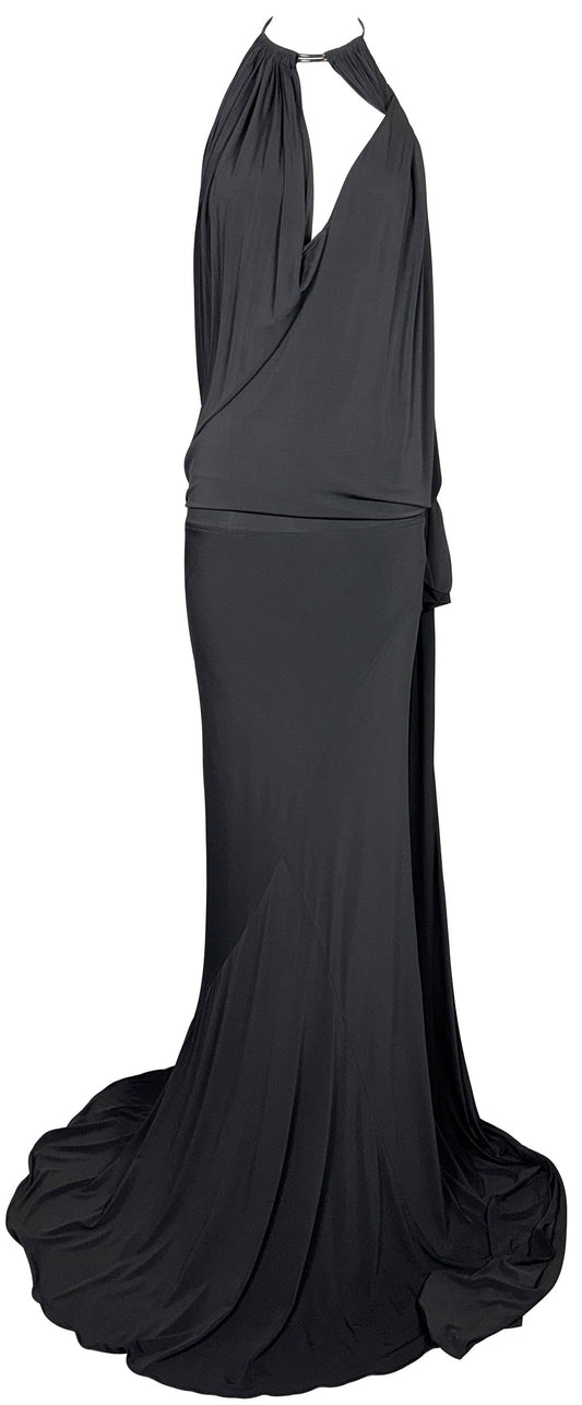F/W 2003 Donna Karan Dark Gray Plunging Backless Silver Choker Necklace Gown Dress w Train