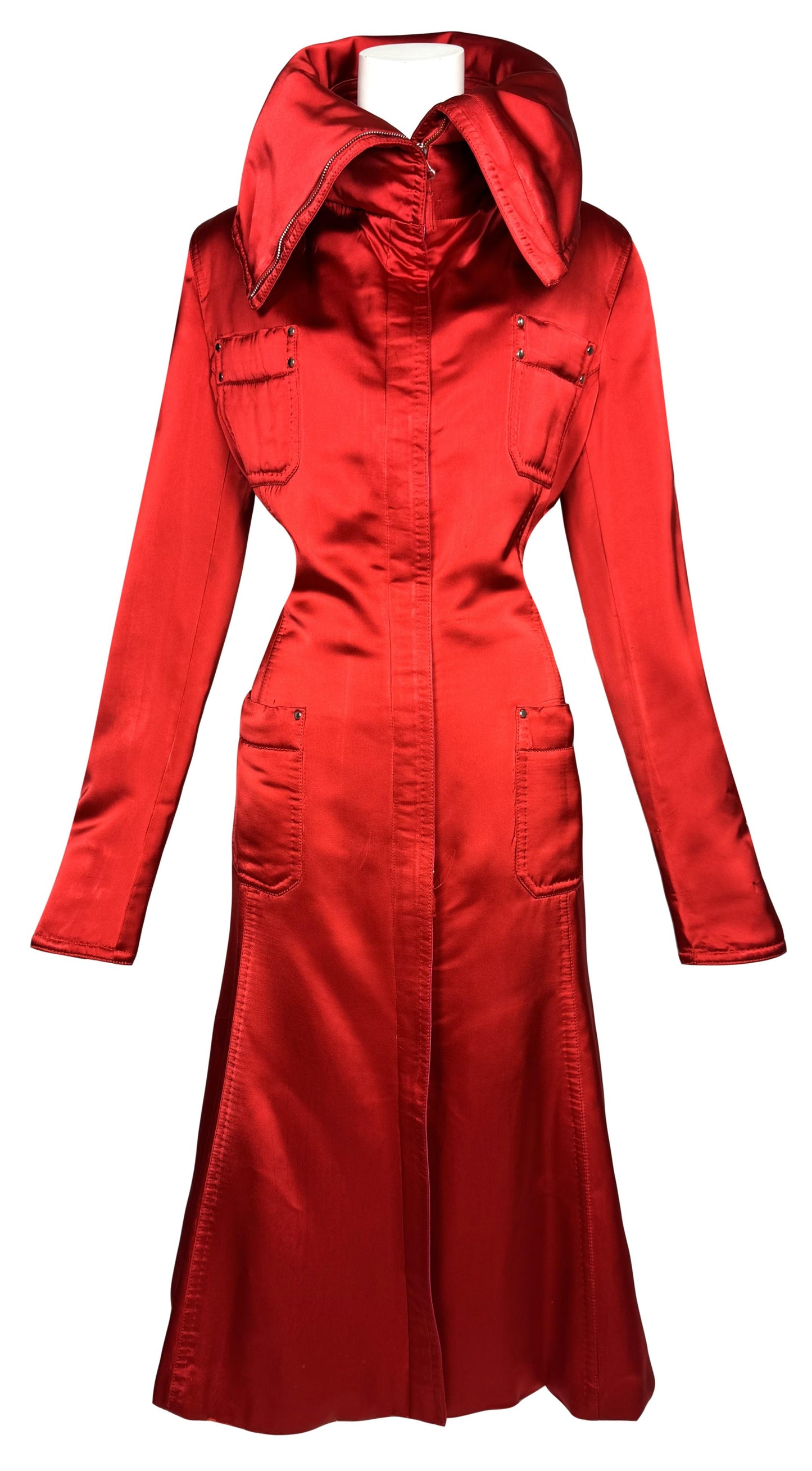 F/W 2003 Gianfranco Ferre Runway Red Silk Satin High Collar Fitted Maxi Coat Dress Jacket